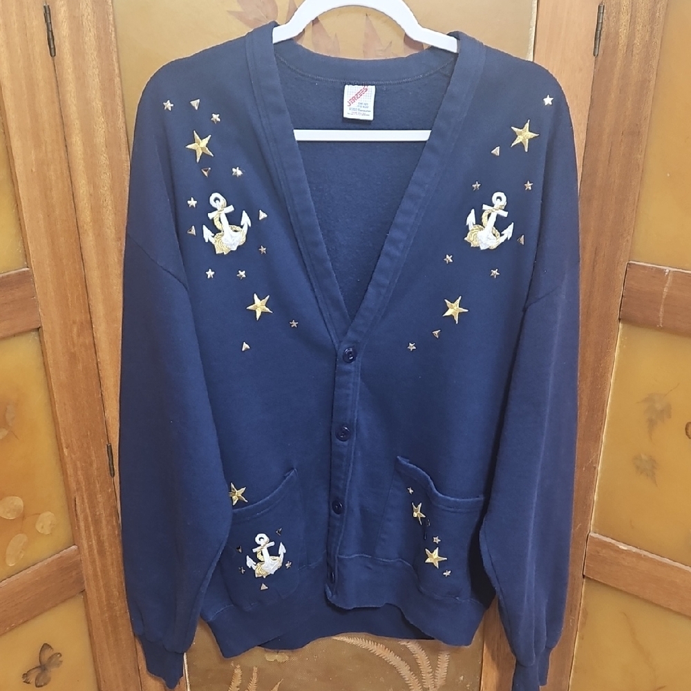 Vintage 80's/90's Coastal Embellished Navy Cardigan with Nautical Embroidery
